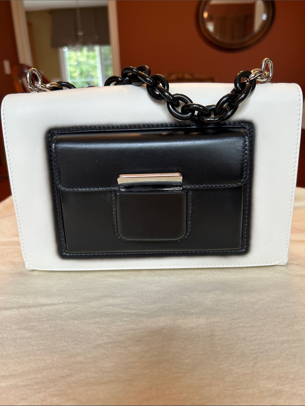 Balenciaga White Shoulder Bag with Black Front Pocket and Chain
